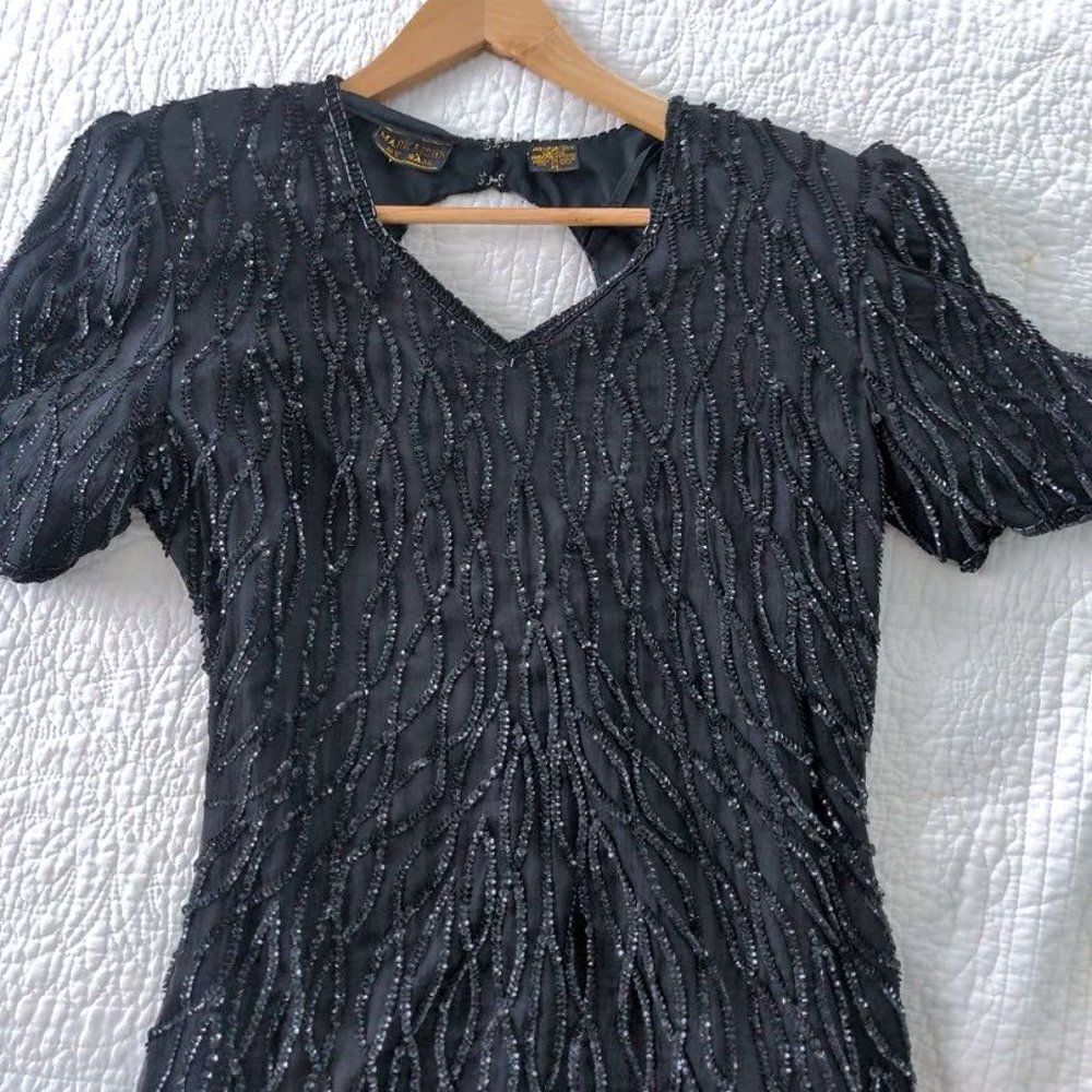Vintage 1980s Beaded Dress Mark & John by Sam 100% Silk Black Cocktail Medium